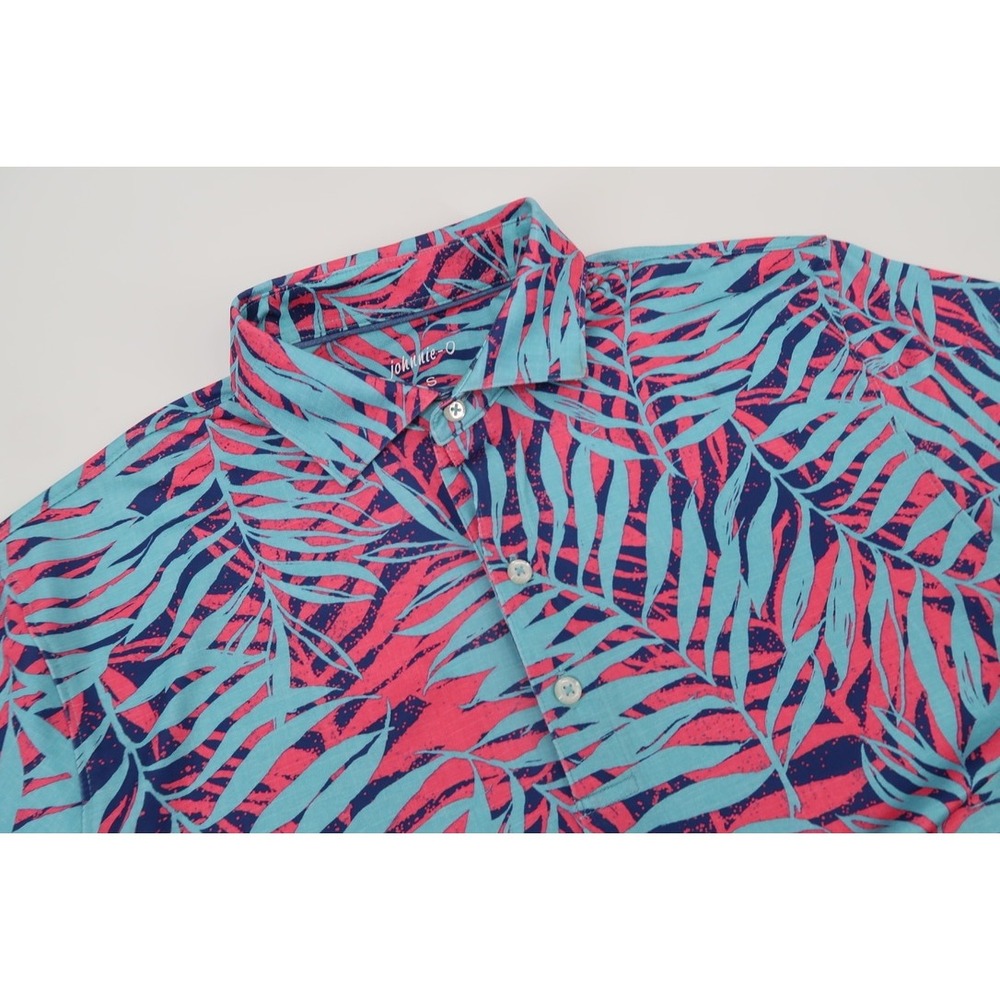 Johnnie-O Ferner Polo Shirt Mens Small Pink Blue Tropical Floral Palm‎ JMPO6450